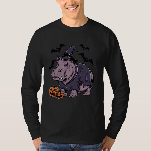 Scary Pumpkin Bat Funny Witch Hat Hippopotamus Hal T-Shirt (Front)