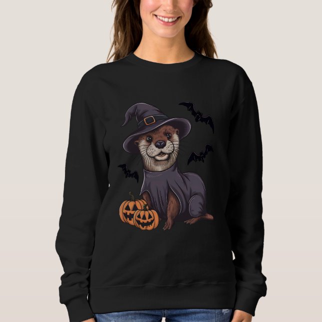 Scary Pumpkin Bat Funny Witch Hat Otter Halloween Sweatshirt (Front)