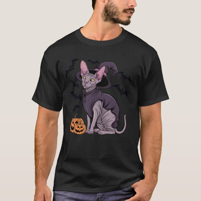 Scary Pumpkin Bat Witch Cat Halloween T-Shirt (Front)