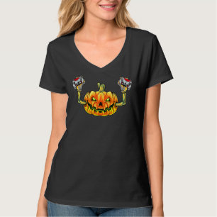 Scary Pumpkin Face Holding Two Gaming Joystick Hal T-Shirt