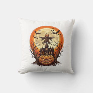 Scary Pumpkin Scarecrow Haunted House Full Moon Ha Cushion