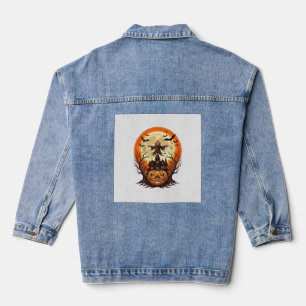 Scary Pumpkin Scarecrow Haunted House Full Moon Ha Denim Jacket