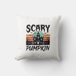 Scary Pumpkin Vintage Haunted House Halloween Desi Cushion