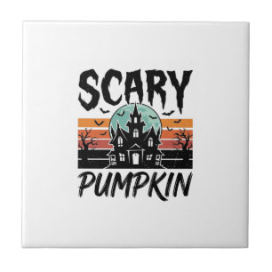 Scary Pumpkin Vintage Haunted House Halloween Desi Tile