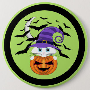 Scary Pumpkin with a White Kitty and Witches Hat 6 Cm Round Badge