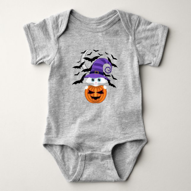 Scary Pumpkin with a White Kitty and Witches Hat Baby Bodysuit (Front)