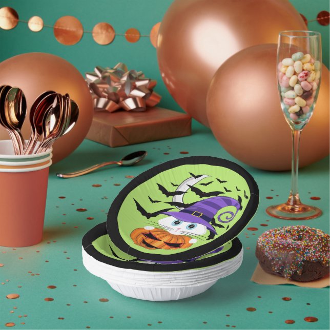 Scary Pumpkin with a White Kitty and Witches Hat P Paper Plate (Multi)