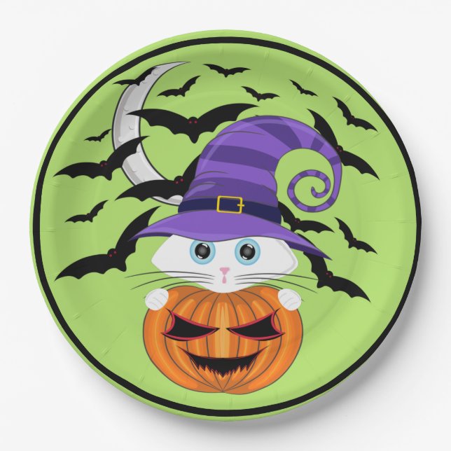 Scary Pumpkin with a White Kitty and Witches Hat  Paper Plate (Front)