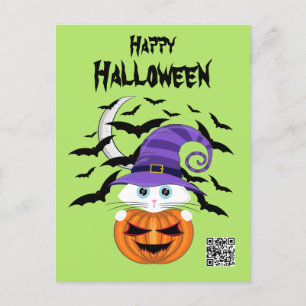 Scary Pumpkin with a White Kitty and Witches Hat Postcard