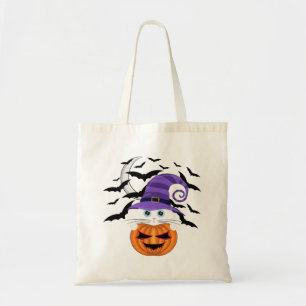 Scary Pumpkin with a White Kitty and Witches Hat Tote Bag