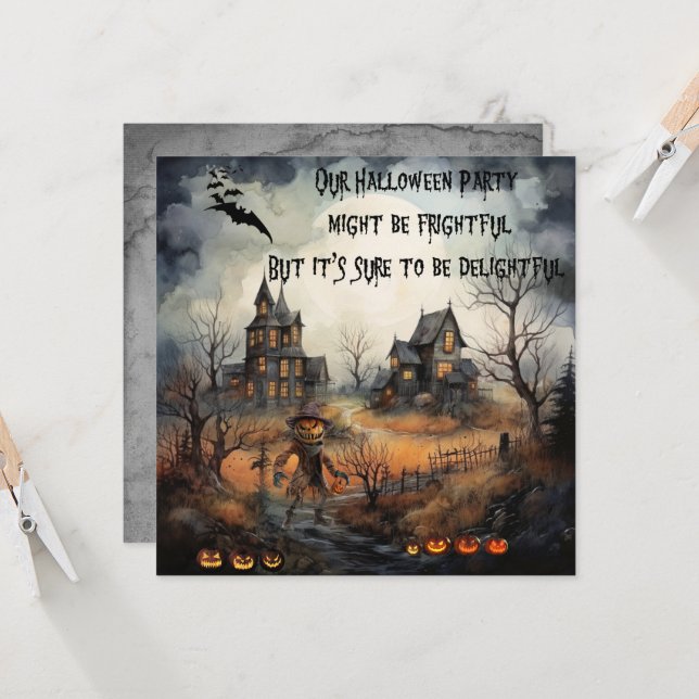 Scary Pumpkinhead & Haunted Houses Halloween Invitation (Front/Back In Situ)
