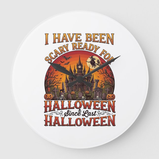 Scary Ready Halloween Haunted Castle Witch Pumpkin Large Clock (Front)