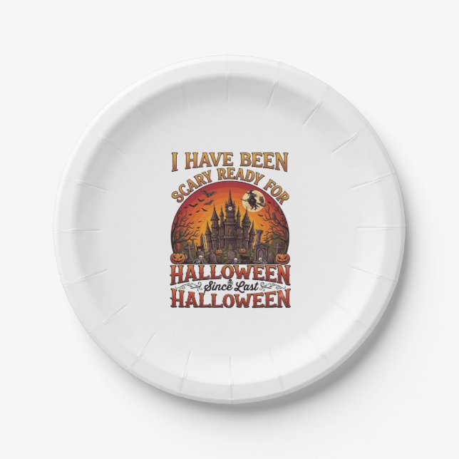 Scary Ready Halloween Haunted Castle Witch Pumpkin Paper Plate (Front)