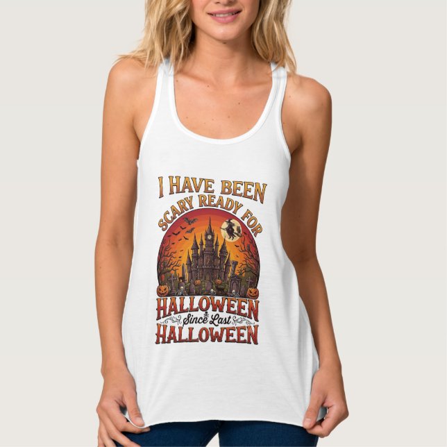 Scary Ready Halloween Haunted Castle Witch Pumpkin Singlet (Front)