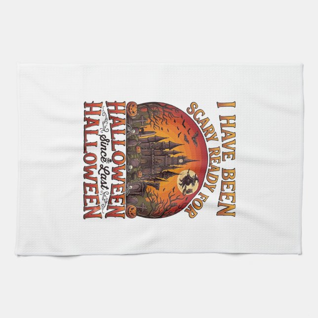 Scary Ready Halloween Haunted Castle Witch Pumpkin Tea Towel (Horizontal)