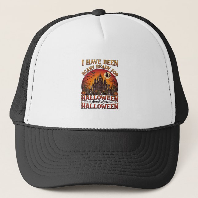 Scary Ready Halloween Haunted Castle Witch Pumpkin Trucker Hat (Front)