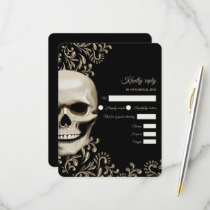 Scary red floral dark gothic skull hallowedding RSVP card