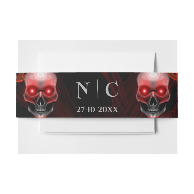 Scary red floral dark moody gothic skull Halloween Invitation Belly Band (Front Example)