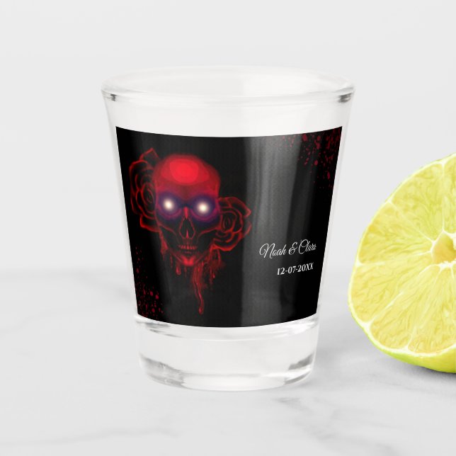 Scary red floral dark moody gothic skull halloween shot glass (Front)
