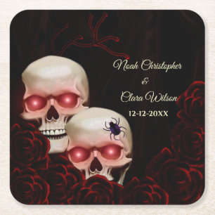 Scary red floral dark moody gothic skull halloween square paper coaster