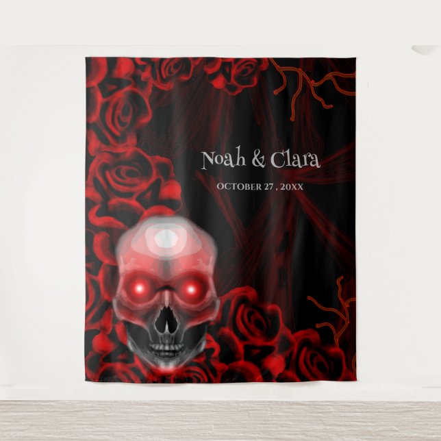 Scary red floral dark moody gothic skull Halloween Tapestry (Front)