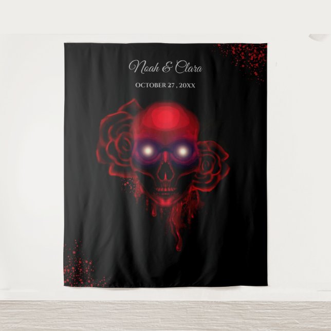 Scary red floral dark moody gothic skull Halloween Tapestry (Front)