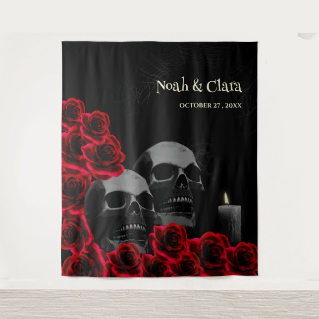 Scary red floral Gothic Skull and Roses Halloween Tapestry (Front)