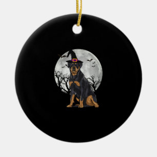 Scary Rottweiler Dog Witch Hat Halloween Ceramic Tree Decoration