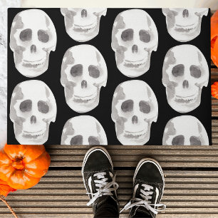 Scary Scull Black & White Pattern Happy Halloween Doormat