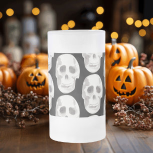Scary Scull Black & White Pattern Happy Halloween Frosted Glass Beer Mug