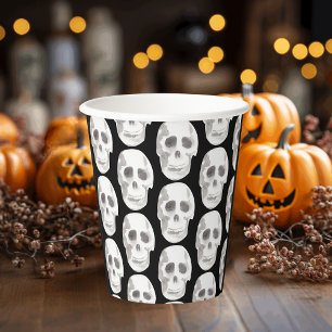 Scary Scull Black & White Pattern Happy Halloween Paper Cups