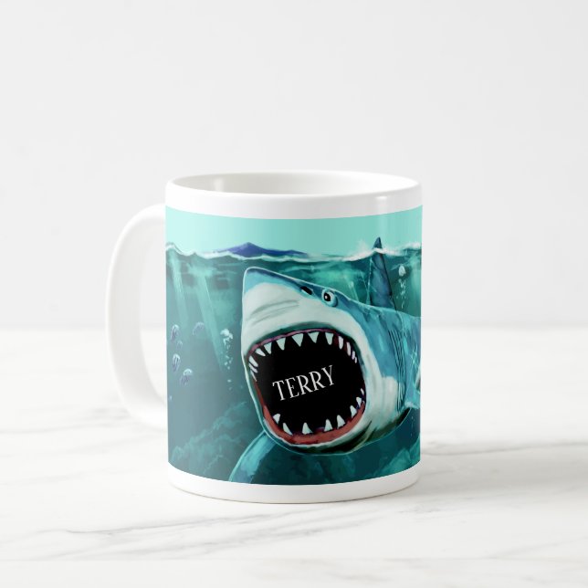 Scary Shark custom name mugs (Front Left)