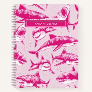 Scary Shark Pattern Name Pink Kids Notebook