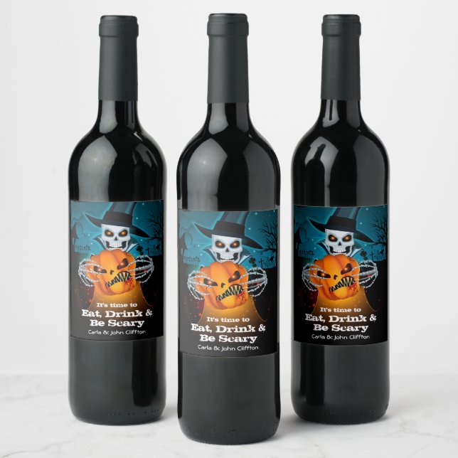 Scary Skeleton and Pumpkin Halloween Wine Label (Bottles)
