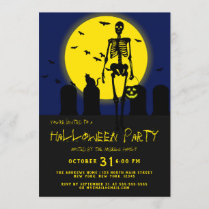 Scary Skeleton Cat Bats Graveyard Scene Halloween Invitation