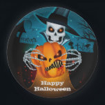 Scary Skeleton Halloween Paper Plate<br><div class="desc">A spooky skeleton in a hop hat holds a scary jack o' lantern on a dark Halloween night on these Halloween party paper plates. MATCHING items in our store.</div>