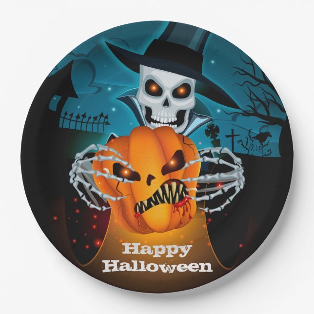 Scary Skeleton Halloween Paper Plate (Front)