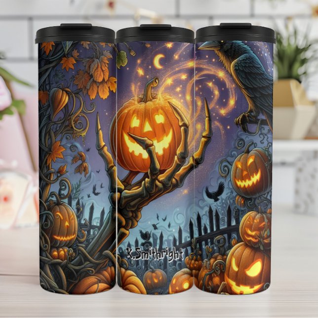 Scary Skeleton Hand Holding Pumpkin Thermal Tumbler (Creator Uploaded)