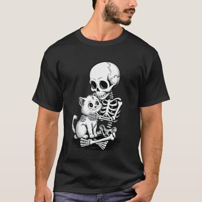 Scary Skeleton Hugging A Cat Funny Halloween Trick T-Shirt (Front)