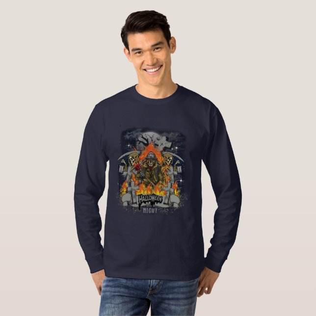 Scary Skeleton In Night Halloween T-Shirt (Front Full)