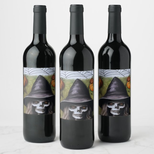 Scary Skeleton Witch for a Creepy Halloween Party Wine Label (Bottles)