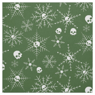 Scary skull Creepmas Christmas Snowflakes Green Fabric