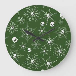 Scary skull Creepmas Christmas Snowflakes green Large Clock