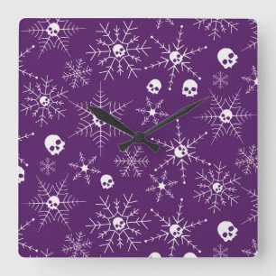 Scary skull Creepmas Christmas Snowflakes purple Square Wall Clock
