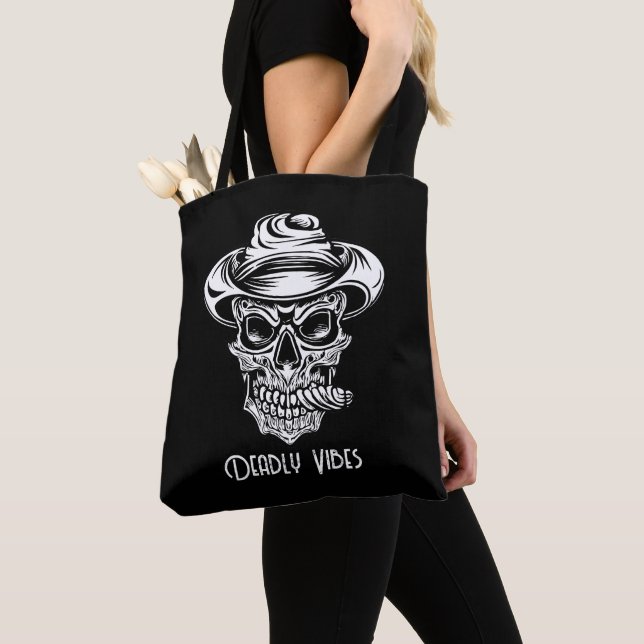 Scary Skull Deadly Vibes Halloween Tote Bag (Close Up)