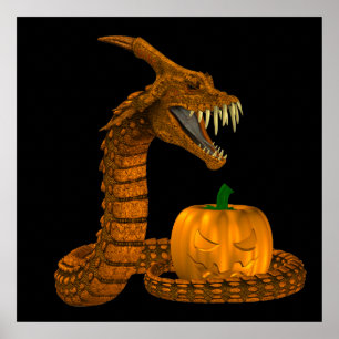 Scary Snake Protecting A Pumpkin Poster