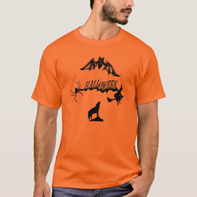 Scary Spider Bat Wolf Witch on Broom Halloween T-Shirt (Front)