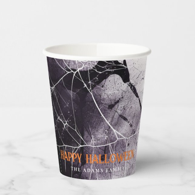 Scary Spider Web Happy Halloween Custom Name Paper Cups (Left)