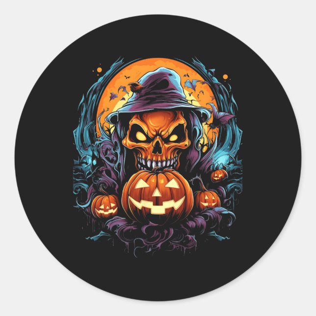 Scary Spooky Castle Halloween Pumpkin Witch  Classic Round Sticker (Front)