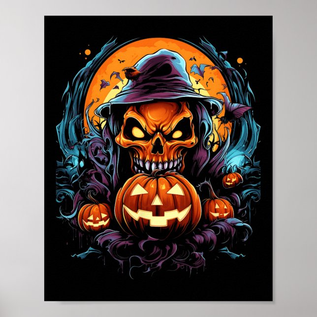 Scary Spooky Castle Halloween Pumpkin Witch  Poster (Front)